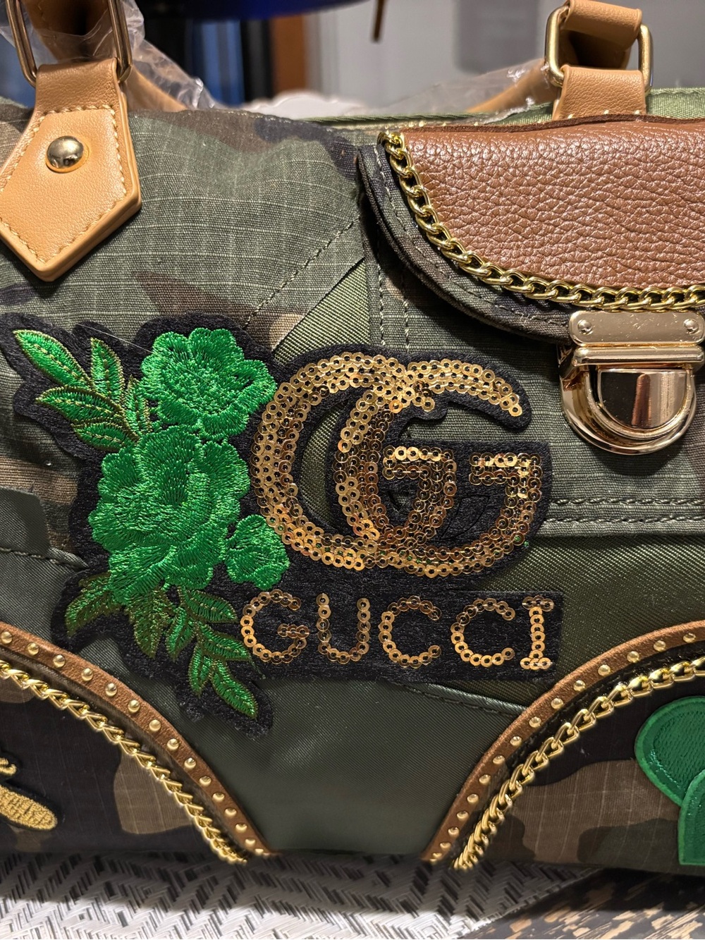 HANDMADE Green Embroidered Floral Logo Shoulder Bag with Gold Accents